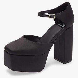 Jeffrey Campbell Ovr-N-Out Black Satin Square-Toe Ankle Strap Platform Pump